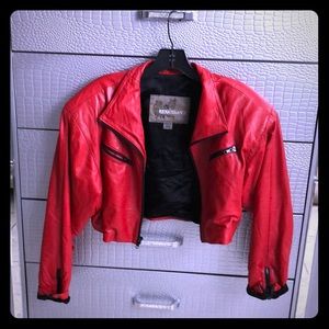 Hot red leather jacket with black lining